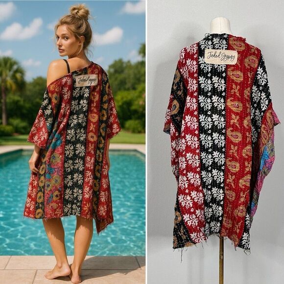 Jaded Gypsy Kantha Kimono OS  Frayed Edges Boho Festival Cottage Artsy Rustic - Picture 2 of 16